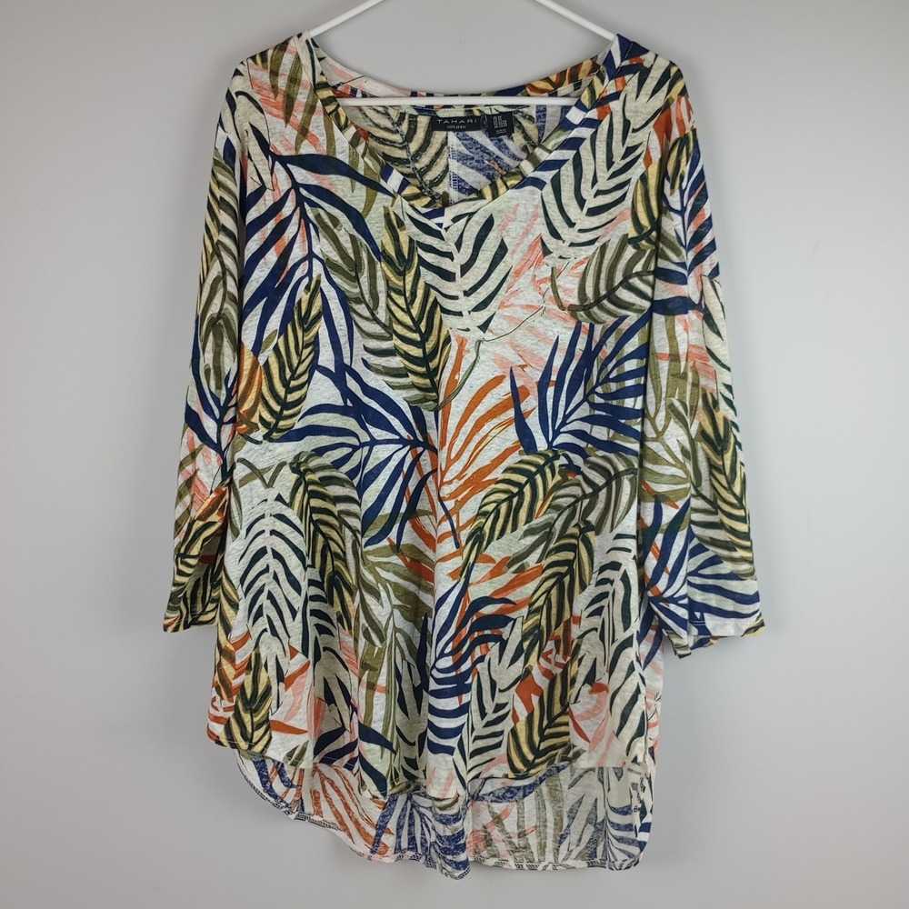 Tahari Womens 2X White Green Blue Tropical 100% Linen 3/4 Sleeve Vneck Tunic Top